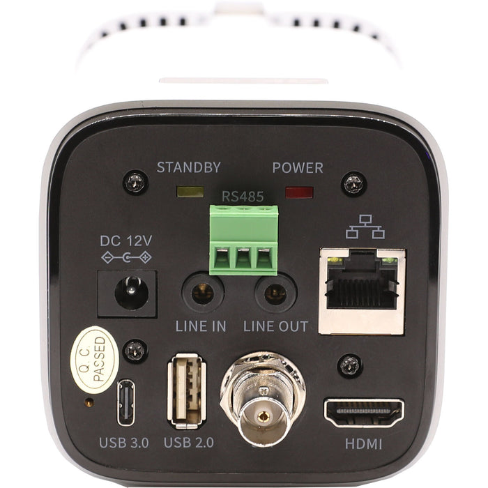 PTZOptics Studio 4K PTZ camera with 12x optical zoom in white finish mounted for studio video production