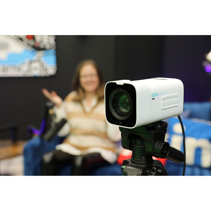 PTZOptics Studio 4K white PTZ camera with 20x optical zoom for professional video production