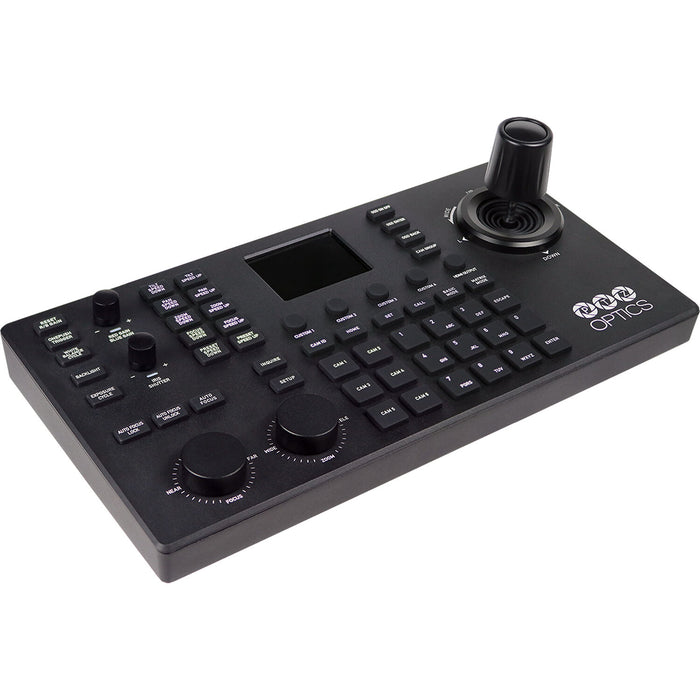 PTZOptics SuperJoy joystick controller with touchscreen and joystick for PTZ camera control over NDI, IP, and serial