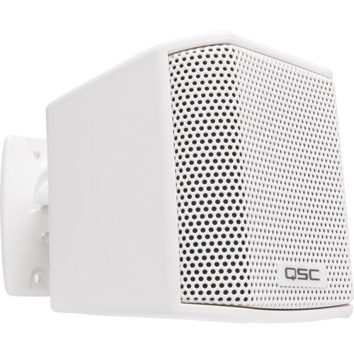 Q-SYS AD-S.SAT-WH small-format satellite speaker in white, designed for high-quality distributed audio applications with a sleek and compact design.