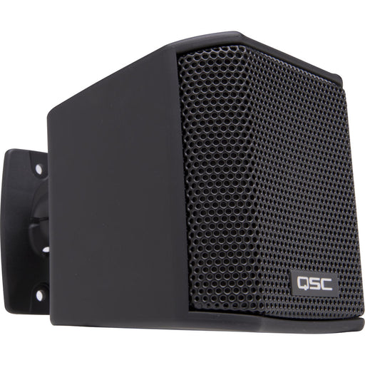 Q-SYS AD-S.SAT-BK small-format satellite speaker in black, designed for high-quality distributed audio applications with a sleek and compact design.