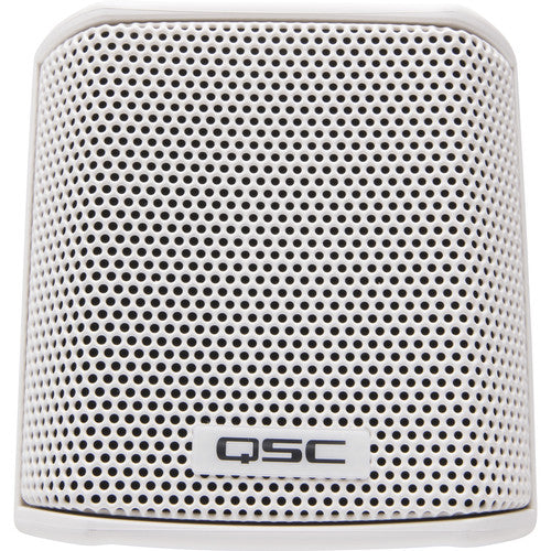 Q-SYS AD-S.SAT-WH small-format satellite speaker in white, designed for high-quality distributed audio applications with a sleek and compact design.