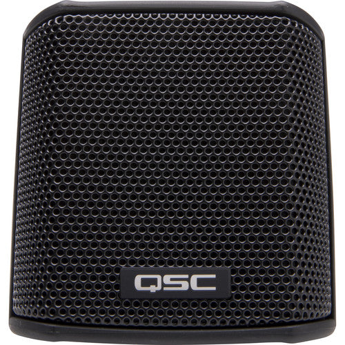 Q-SYS AD-S.SAT-BK small-format satellite speaker in black, designed for high-quality distributed audio applications with a sleek and compact design.