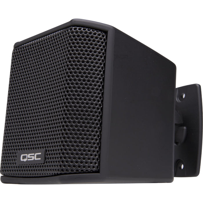 Q-SYS AD-S.SAT-BK small-format satellite speaker in black, designed for high-quality distributed audio applications with a sleek and compact design.
