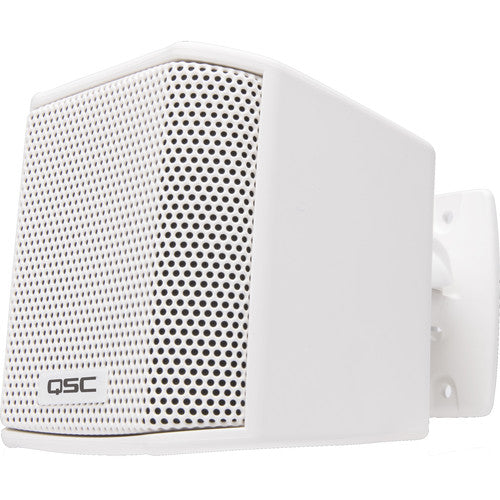 Q-SYS AD-S.SAT-WH small-format satellite speaker in white, designed for high-quality distributed audio applications with a sleek and compact design.