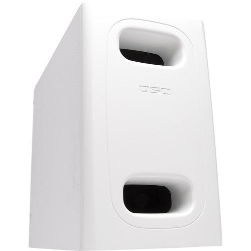 Q-SYS AD-S.SUB-WH 6.5" surface-mount subwoofer in white, designed for high-performance low-frequency reinforcement in commercial audio systems.