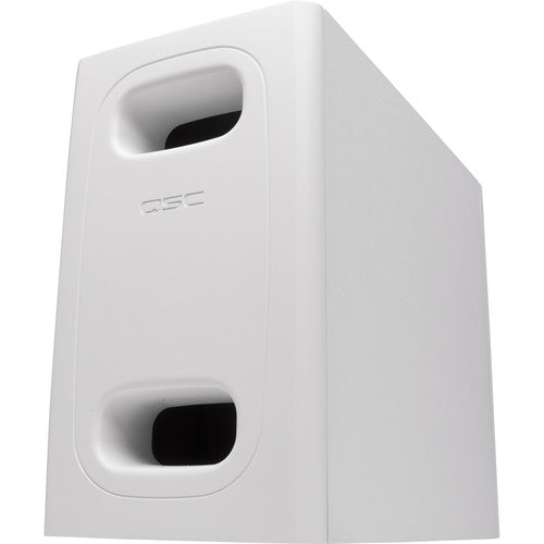 Q-SYS AD-S.SUB-WH 6.5" surface-mount subwoofer in white, designed for high-performance low-frequency reinforcement in commercial audio systems.