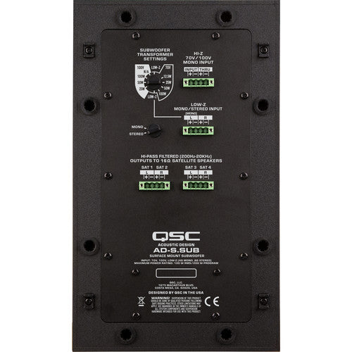 Q-SYS AD-S.SUB-BK 6.5" surface-mount subwoofer in black, designed for high-performance low-frequency reinforcement in commercial audio systems.
