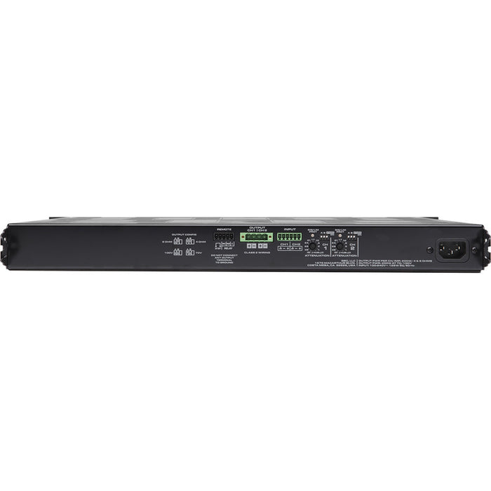 Q-SYS MP-A20V 2-channel 200W amplifier with 70V/100V output for commercial audio applications, featuring flexible power distribution and Class-D efficiency.