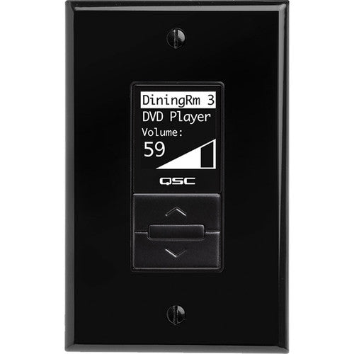 Q-SYS MP-MFC-BK Multi-Function Controller in black, designed for flexible audio system control with customizable buttons and sleek wall-mount design.