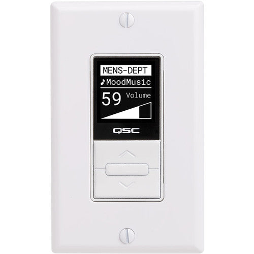 Q-SYS MP-MFC-WH Multi-Function Controller in white, designed for flexible audio system control with customizable buttons and sleek wall-mount design.