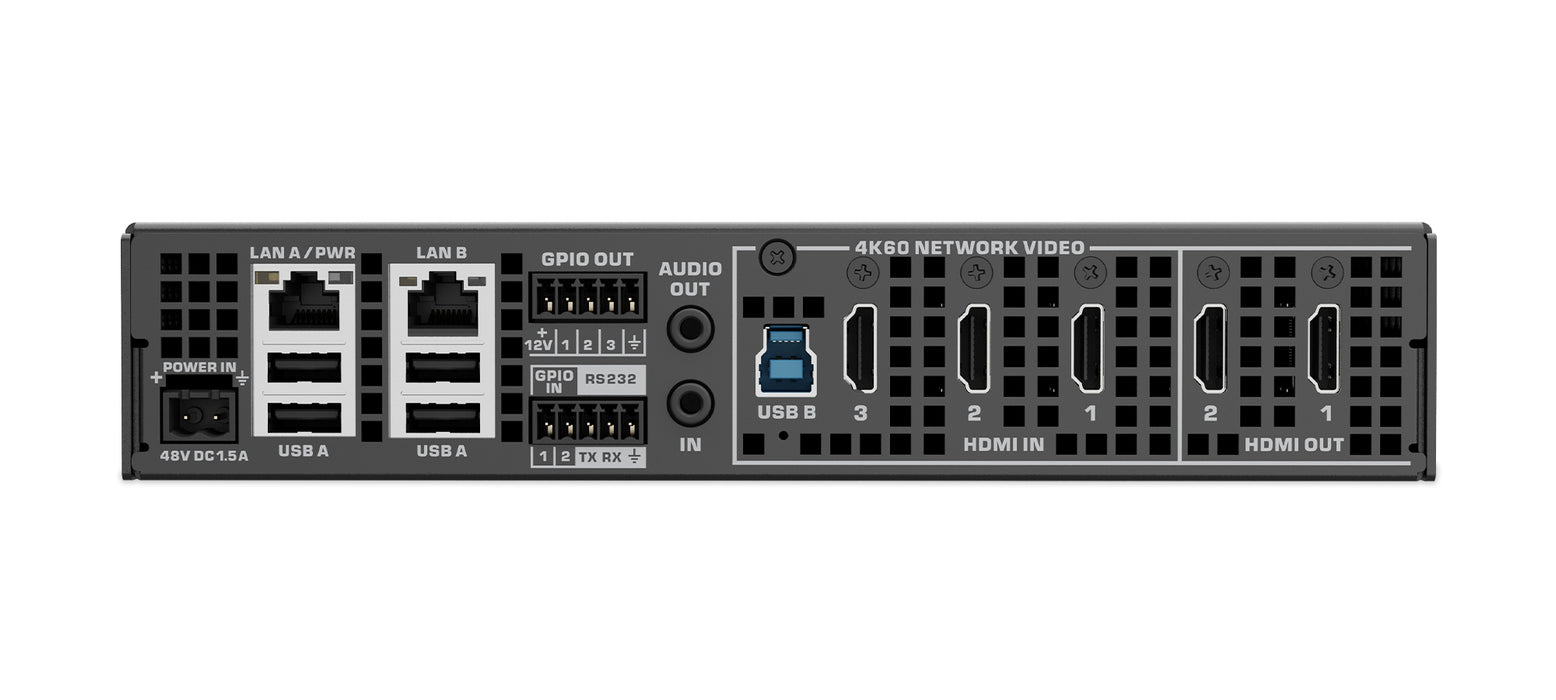 Q-SYS NV32H-CC network video endpoint with Core Capable functionality for seamless AV bridging, HDMI encoding/decoding, and Q-SYS ecosystem integration.