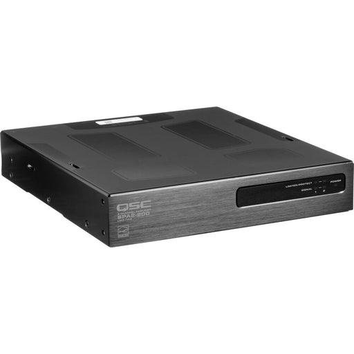 Q-SYS SPA2-200 two-channel power amplifier with 200W per channel, supporting both low-Z and high-Z configurations for commercial audio applications.