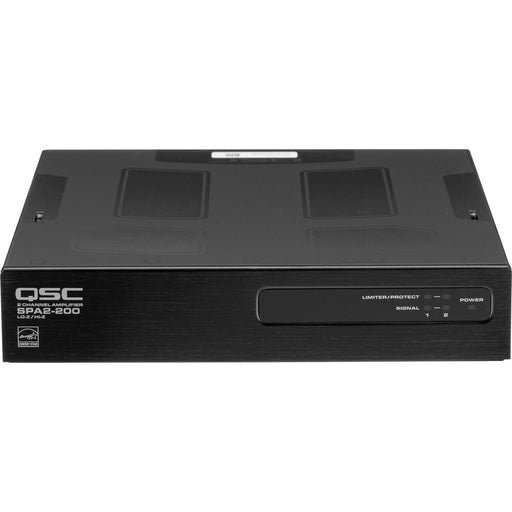 Q-SYS SPA2-200 two-channel power amplifier with 200W per channel, supporting both low-Z and high-Z configurations for commercial audio applications.