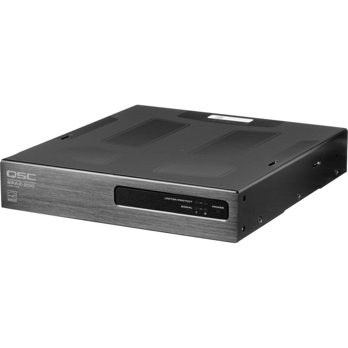 Q-SYS SPA2-200 two-channel power amplifier with 200W per channel, supporting both low-Z and high-Z configurations for commercial audio applications.
