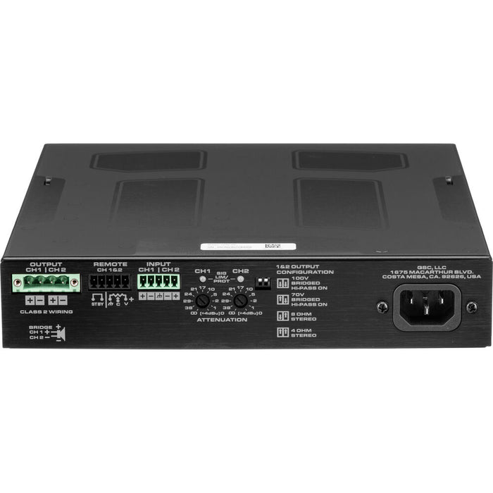 Q-SYS SPA2-200 two-channel power amplifier with 200W per channel, supporting both low-Z and high-Z configurations for commercial audio applications.