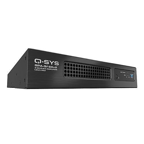 Q-SYS SPAQF-60X2 2-channel amplifier with 60W per channel, supporting Low-Z and 70V/100V installations for commercial audio applications.