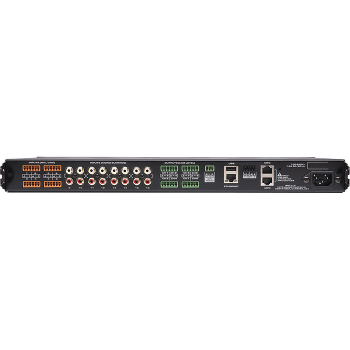 Q-Sys MP-M80 8-zone music and paging mixer with intuitive control, advanced DSP, and flexible connectivity for commercial audio applications.