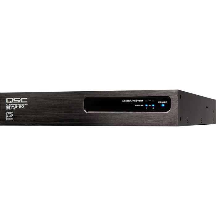 Q-SYS SPA2-60 2-channel EnergyStar amplifier with 2x60W power output, ideal for commercial audio applications.