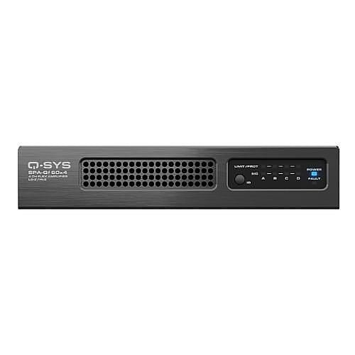 Q-SYS SPAQF-60X4 compact 4-channel amplifier with 60W per channel, network integration, and energy-efficient Class-D design for commercial AV systems.