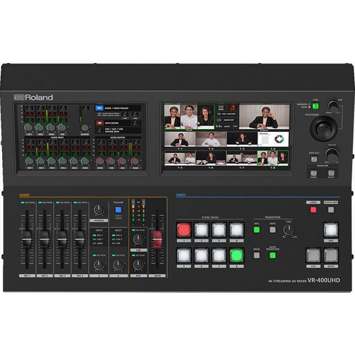 Roland VR-400UHD 4K Streaming AV Mixer front panel showing dual touchscreens and input/output ports