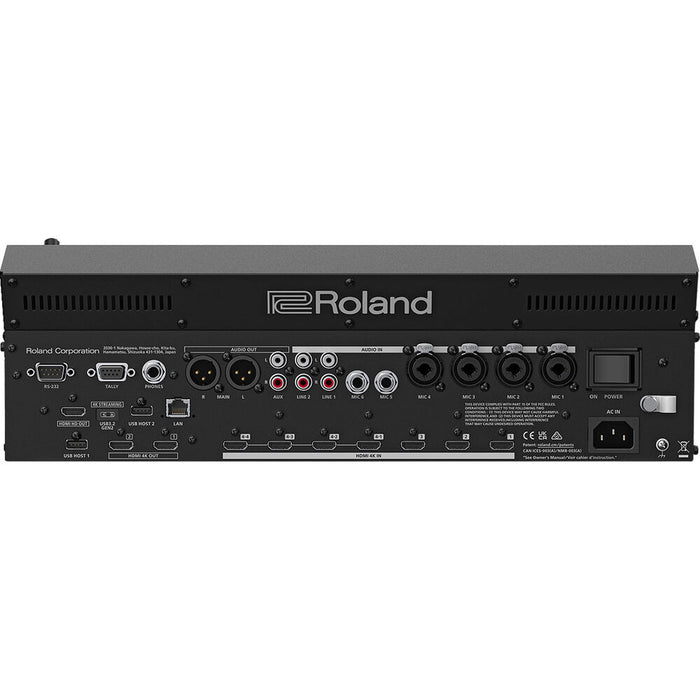 Roland VR-400UHD 4K Streaming AV Mixer front panel showing dual touchscreens and input/output ports