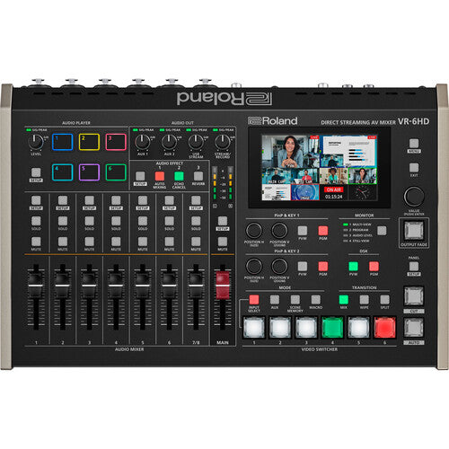 Roland VR-6HD Direct Streaming AV Mixer showing its control panel and input/output ports
