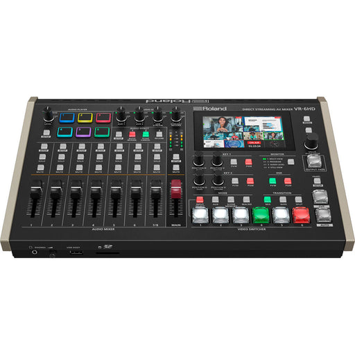 Roland VR-6HD Direct Streaming AV Mixer showing its control panel and input/output ports
