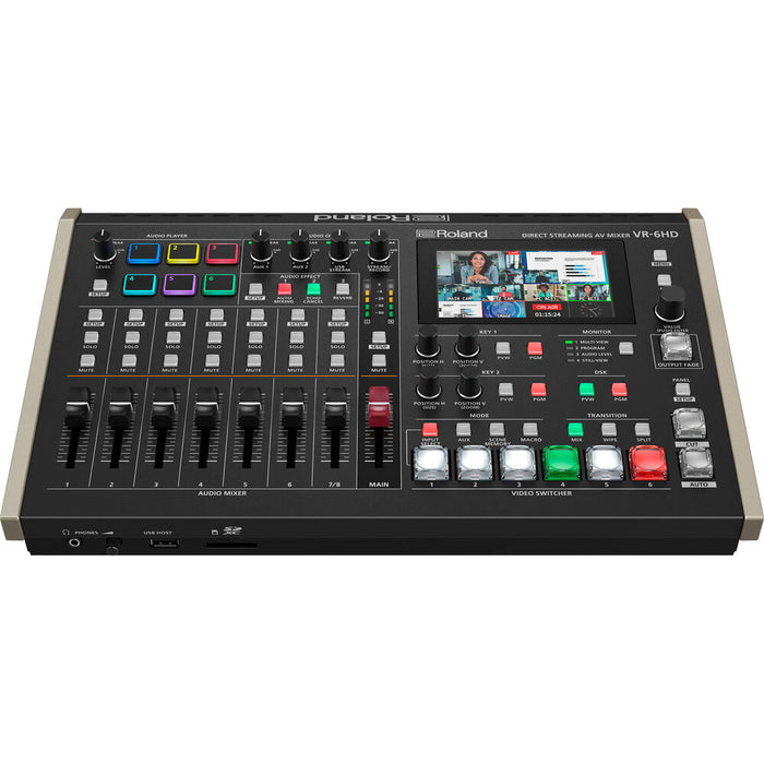 Roland VR-6HD Direct Streaming AV Mixer showing its control panel and input/output ports