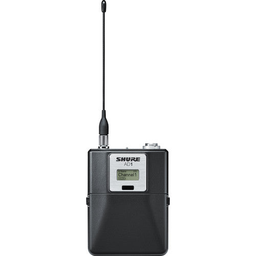 Shure AD1 digital wireless bodypack transmitter with TA4M connector and G57 frequency range from 470 to 616 MHz
