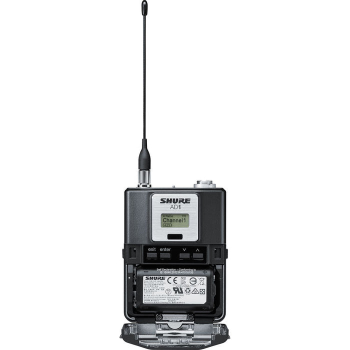Shure AD1 digital wireless bodypack transmitter with TA4M connector and G57 frequency range from 470 to 616 MHz