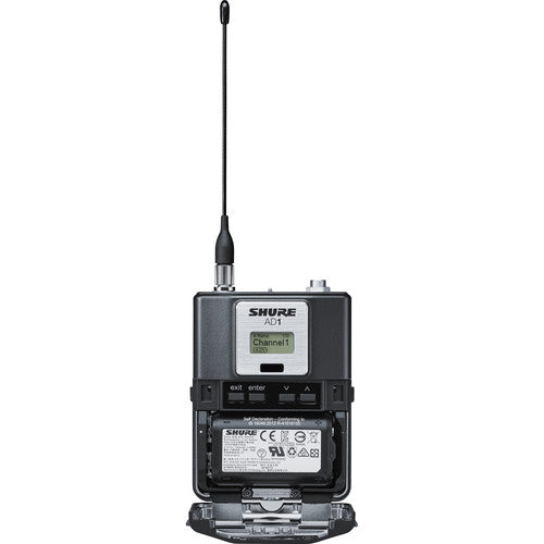 Shure AD1LEMO3 digital wireless bodypack transmitter with LEMO3 connector and G57 frequency range from 470 to 616 MHz