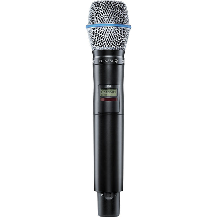 Shure AD2/B87A digital handheld wireless microphone transmitter with Beta 87A capsule and G57 frequency range from 470 to 616 MHz