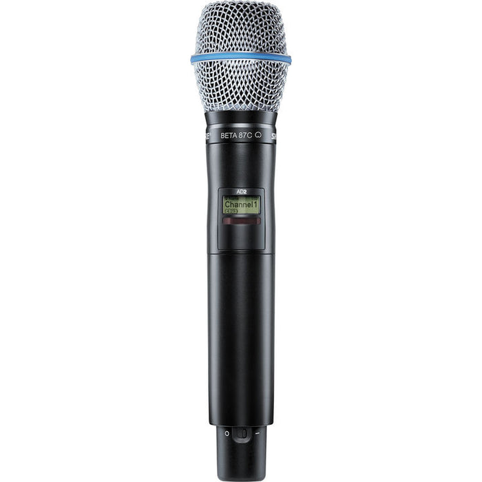 Shure AD2 handheld wireless microphone transmitter with Beta 87C condenser capsule and G57 frequency band coverage