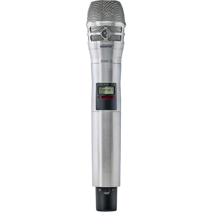 Shure AD2 handheld wireless microphone transmitter with KSM8 dual-diaphragm dynamic capsule in nickel and G57 frequency band