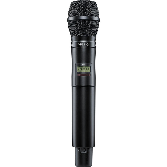Shure AD2/VP68 digital handheld wireless microphone transmitter with VP68 omnidirectional capsule and G57 frequency range from 470 to 616 MHz