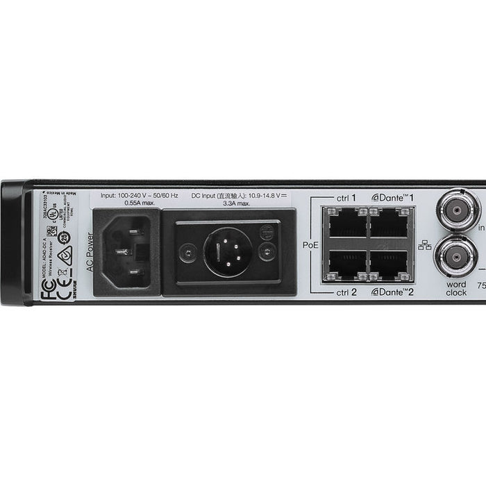 Shure AD4Q-DC Axient Digital four-channel wireless receiver with DC power module and 470 to 636 MHz frequency coverage
