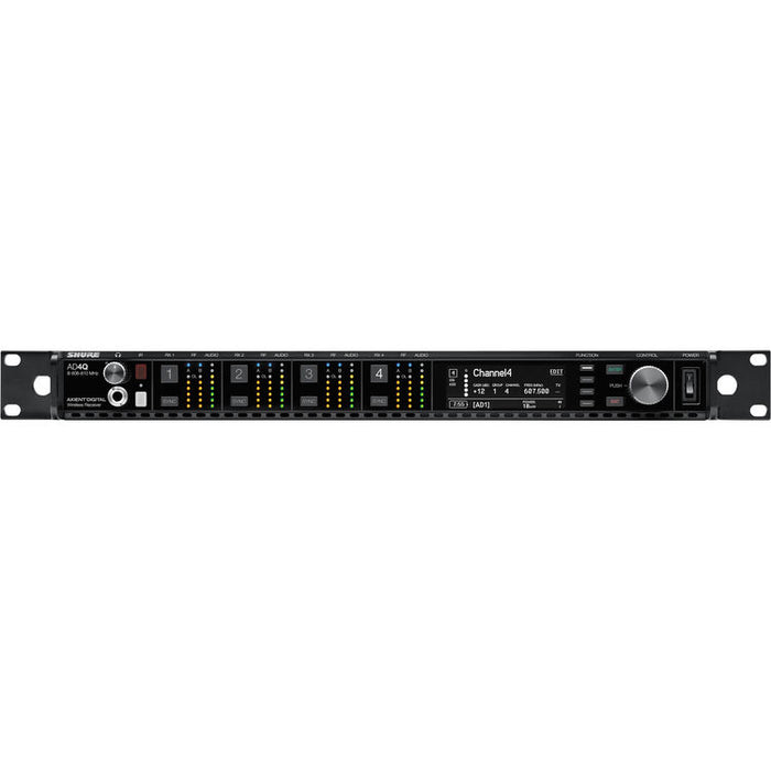 Shure AD4Q-US Axient Digital four-channel wireless receiver with 470 to 636 MHz frequency coverage and Dante networking