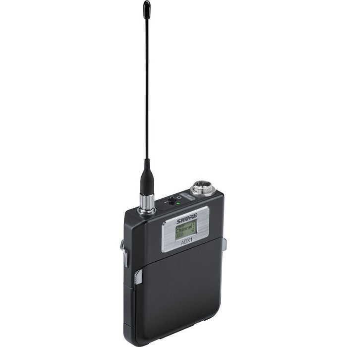 Shure ADX1 digital wireless bodypack transmitter with TA4M connector and G57 frequency range from 470 to 616 MHz