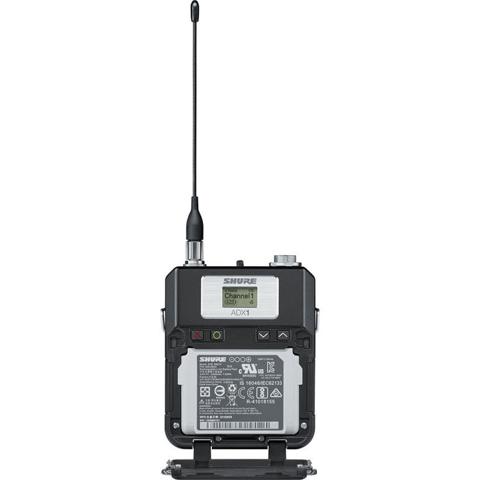 Shure ADX1 digital wireless bodypack transmitter with TA4M connector and G57 frequency range from 470 to 616 MHz