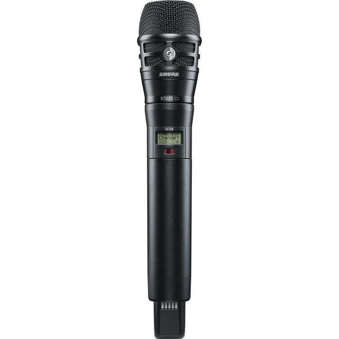 Shure ADX2/K8B digital handheld wireless microphone transmitter with KSM8 black dynamic capsule and G57 frequency range from 470 to 616 MHz