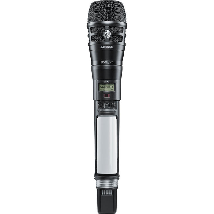 Shure ADX2/K8B digital handheld wireless microphone transmitter with KSM8 black dynamic capsule and G57 frequency range from 470 to 616 MHz