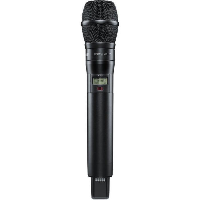 Shure ADX2/K9B digital handheld wireless microphone transmitter with KSM9 condenser capsule, black finish, and G57 frequency range from 470 to 616 MHz