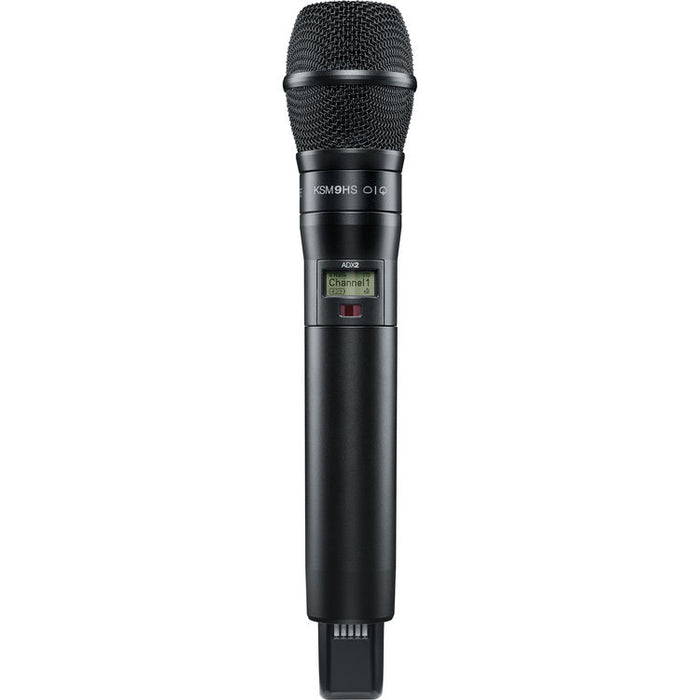 Shure ADX2/K9HSB digital handheld wireless microphone transmitter with KSM9HS condenser capsule, black finish, and G57 frequency range from 470 to 616 MHz