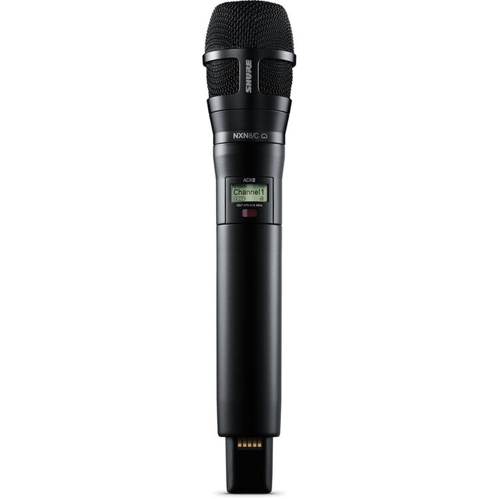 Shure ADX2/N8CB digital handheld wireless microphone transmitter with Nexadyne 8/C cardioid capsule, black finish, and G57 frequency range
