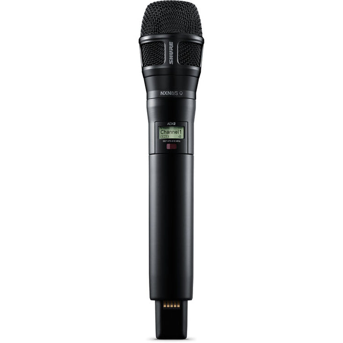 Shure ADX2/N8SB digital handheld wireless microphone transmitter with Nexadyne 8/S supercardioid capsule, black finish, and G57 frequency range