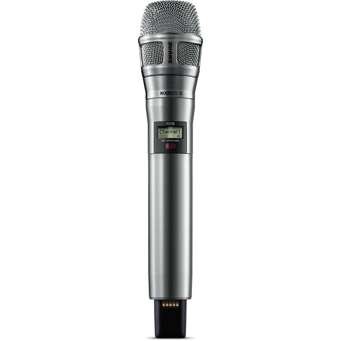Shure ADX2/N8SN digital handheld wireless microphone transmitter with Nexadyne 8/S supercardioid capsule, nickel finish, and G57 frequency range
