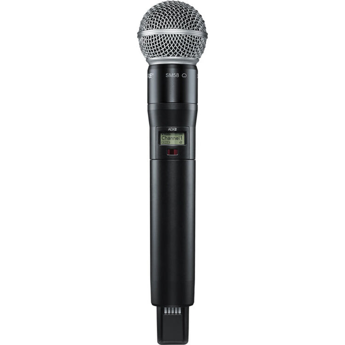 Shure ADX2/SM58 digital handheld wireless microphone transmitter with SM58 dynamic capsule and G57 frequency range from 470 to 616 MHz
