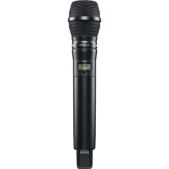 Shure ADX2/VP68 digital handheld wireless microphone transmitter with VP68 omnidirectional reporter microphone capsule and G57 frequency range