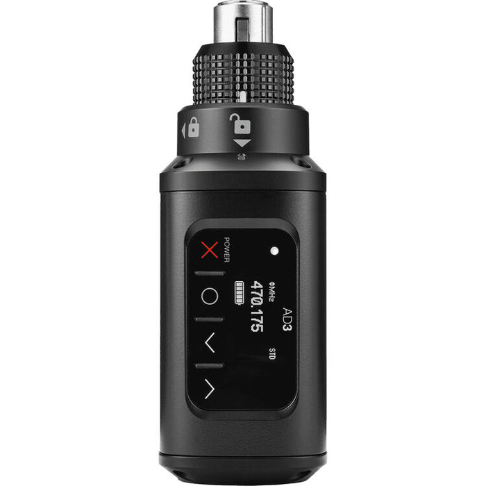 Shure ADX3 Axient Digital wireless plug-on transmitter with XLR input and G57 frequency range from 470 to 616 MHz